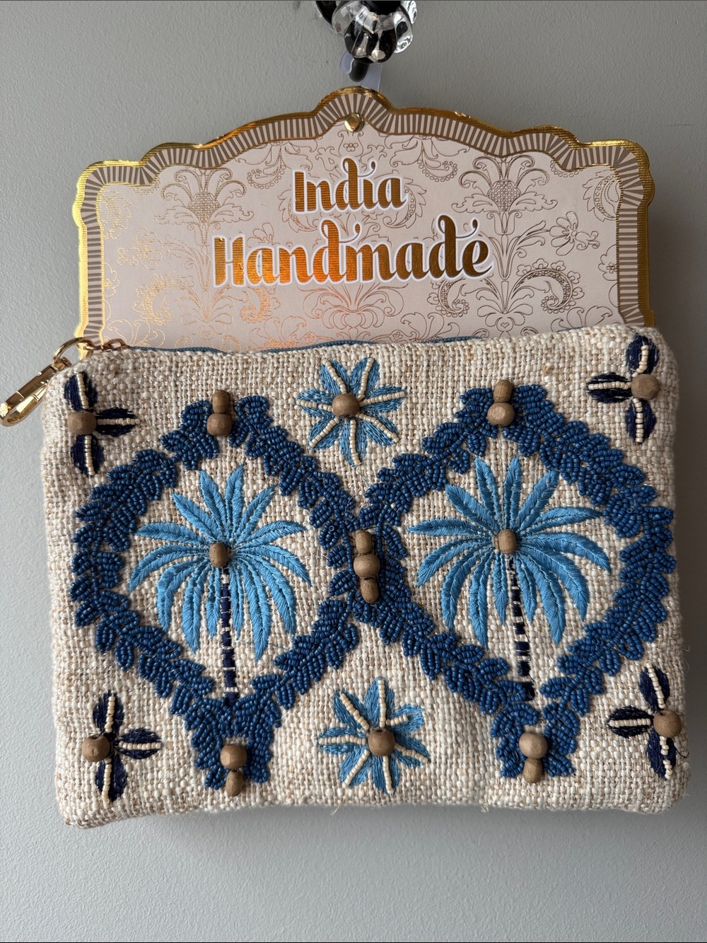 Handmade Blue Embroidered beaded Palm Pouch by India Handmade 10x8